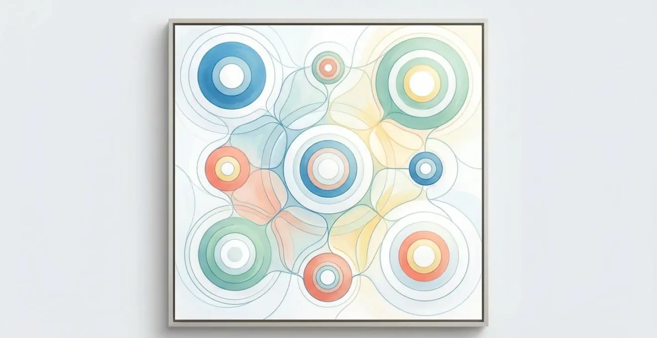 Composition abstraite de cercles concentriques interconnectés par des lignes fines sur fond clair, évoquant un réseau de compétences